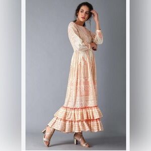 W by Worth Boho Metallic Maxi Dress | Peach Cream Gold Embroidered 8